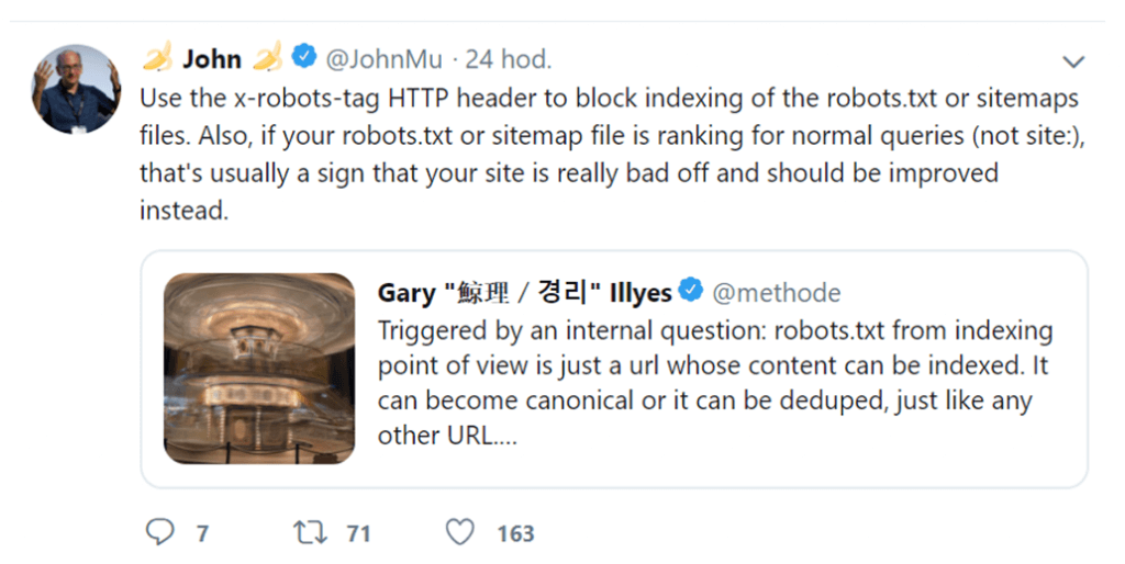 Tweet od Johna Muellera o indexácií sitemap.xml a robots.txt