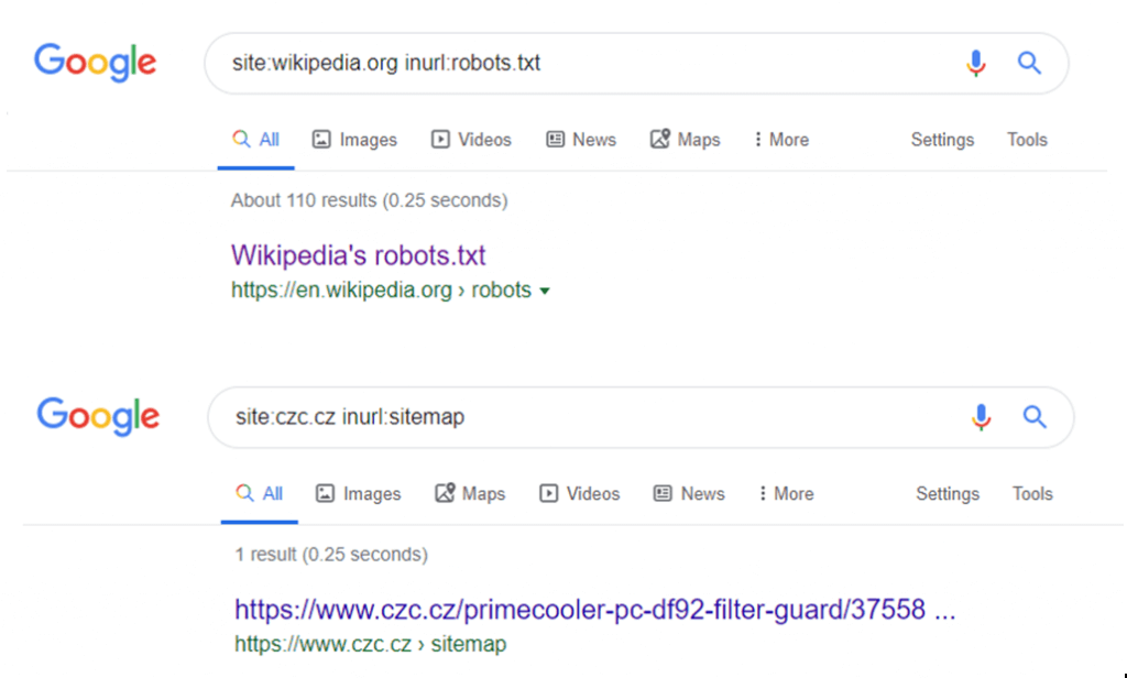 SERP - indexované stránky sitemap.xml a robots.txt