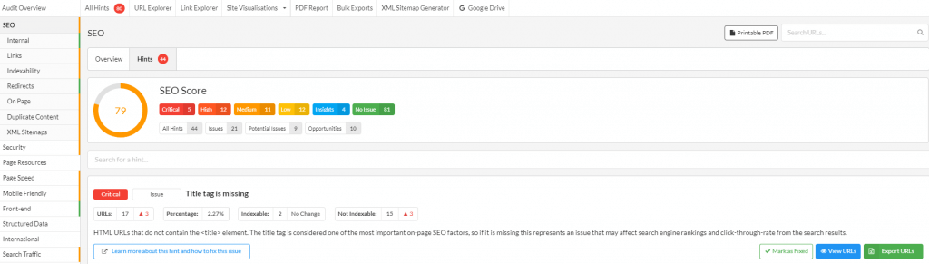 Sitebulb - úvodní dashboard
