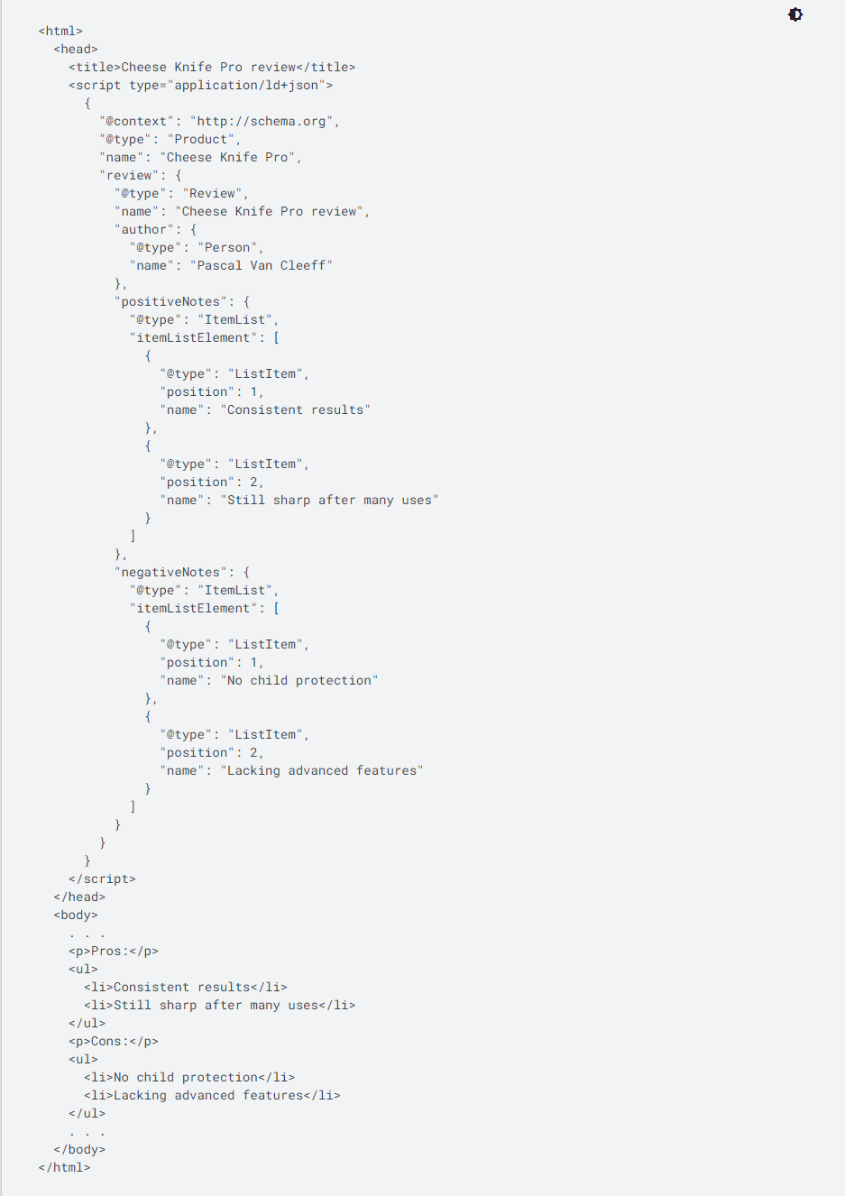 pros and cons structured data example code