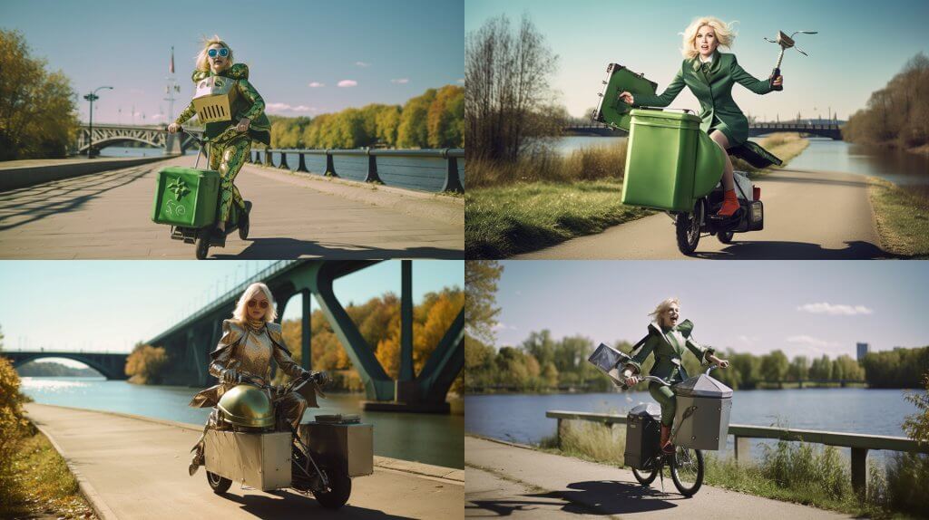 Vygenerovaný obraz ženy ve zbroji jedoucí na motorce