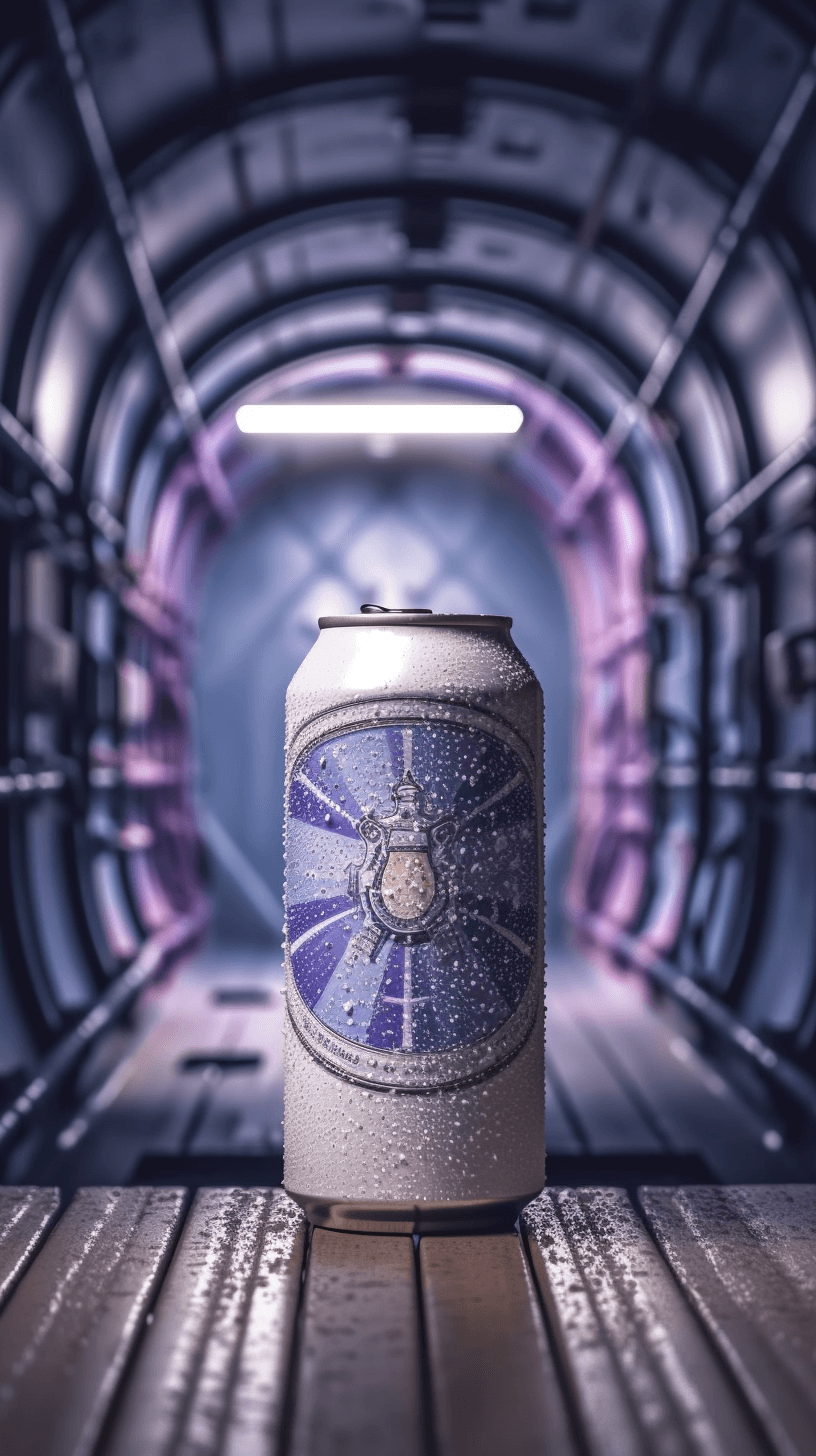 Plechovka piva ve vesmírné lodi, vygenerováno pomocí Midjourney