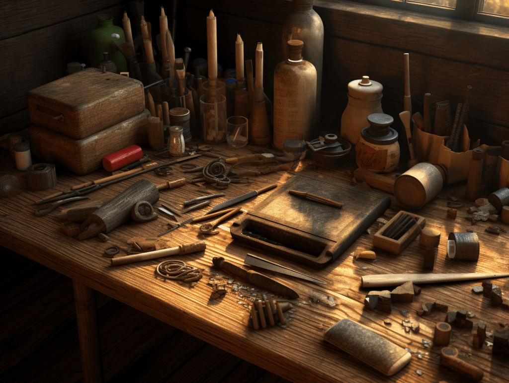 Truhlářské nástroje v dílně, vygenerované pomocí Midjourney