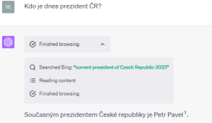Práce s ChatGPT s připojením k internetu: Ukázka promptu "kdo je prezident"