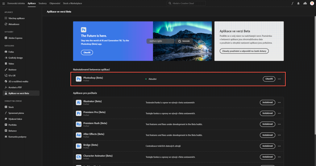 Prostředí Creative Cloud, seznam beta aplikací