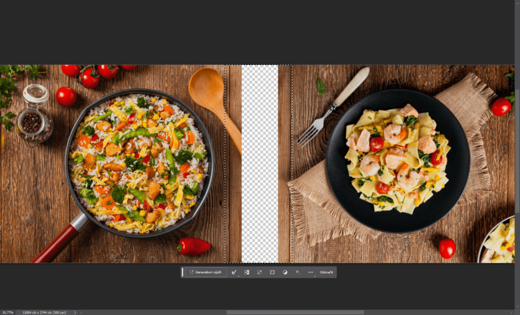 Dvě fotografie jídla na stole s chybějícím prostorem mezi nimi