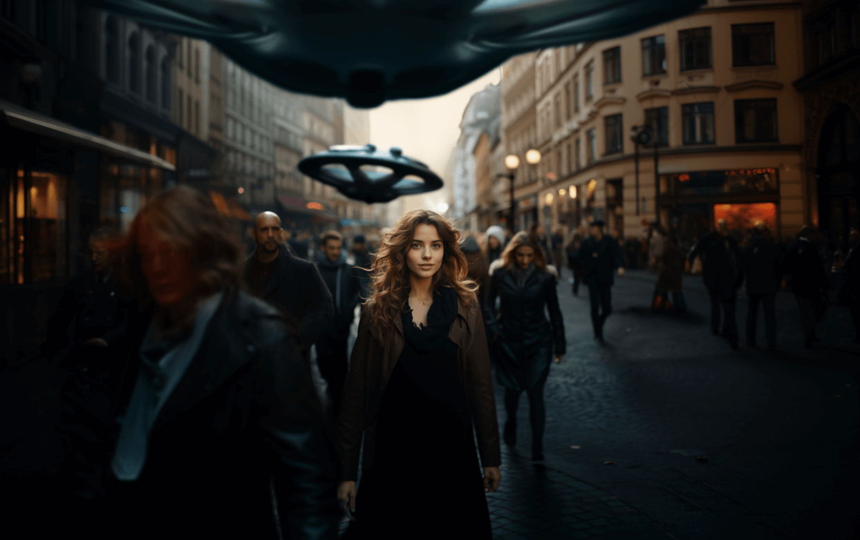 Oddálený portrét dívky v centru Prahy s UFO, vygenerovaný pomocí umělé inteligence midjourney