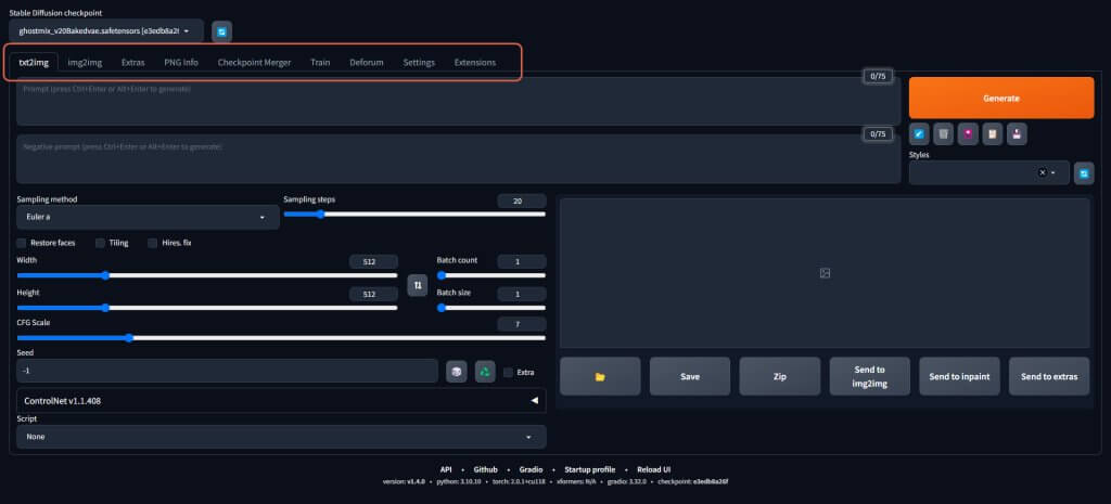 V horní liště najdeme seznam funkcí Stable Diffusion
