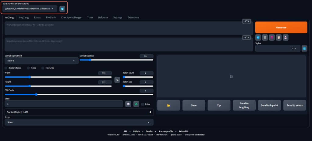 V levém horním rohu najdeme možnost výběru Stable Diffusion Checkpointu