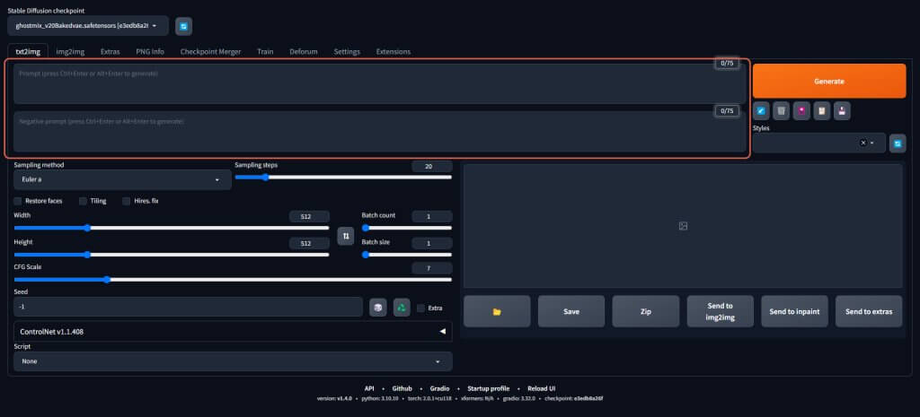 V levé části od tlačítka Generate najdeme prostor pro zapsání pozitivních a negativních promptů