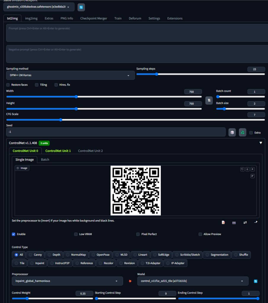 Vzorová obrazovka správně vyplněného Tile Control Netu
