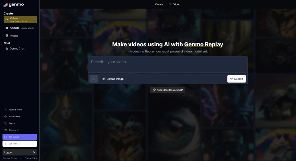 Základní obrazovka Videos s textovým promptem