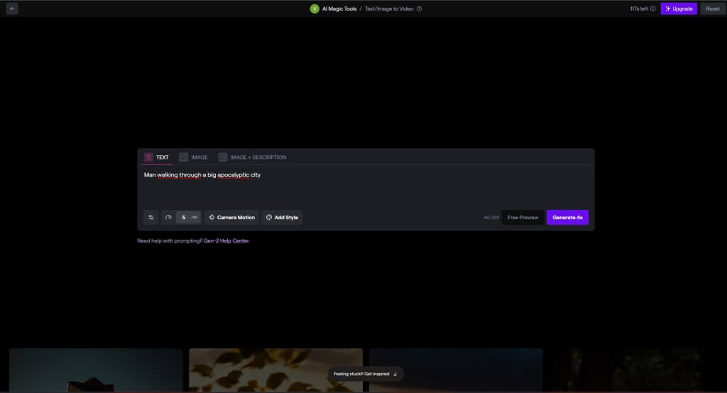 Okno textového promptu v RunwayML Gen-2 Text2Video