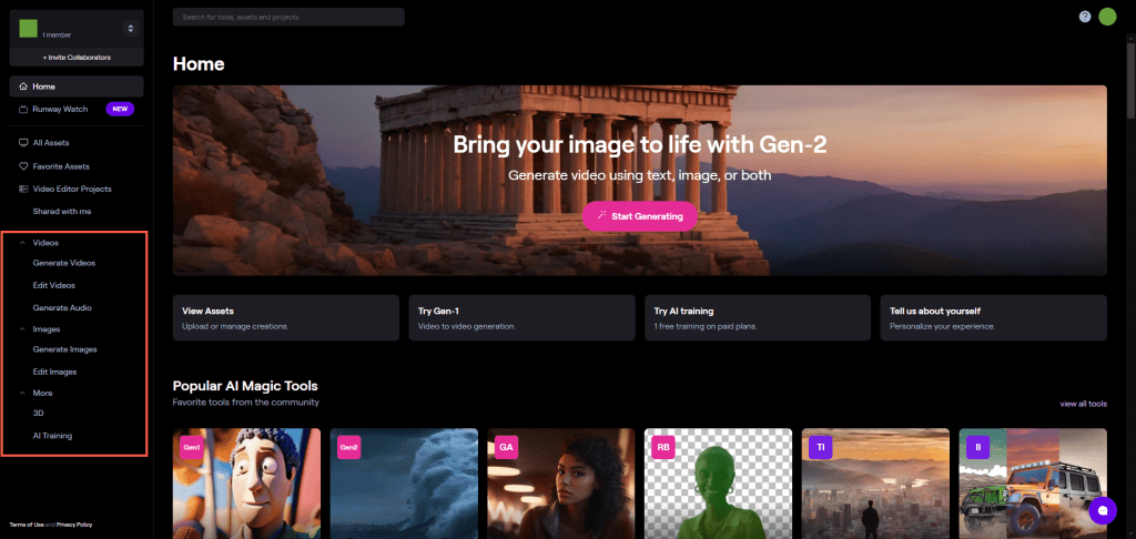 Domovská stránka RunwayML