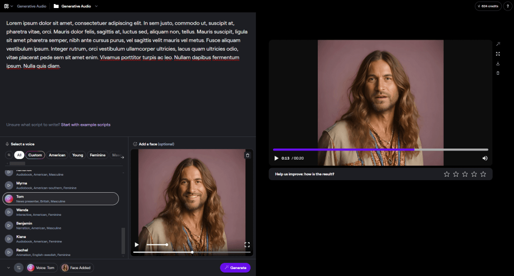 Uživatelské prostředí nástroje Generate Audio