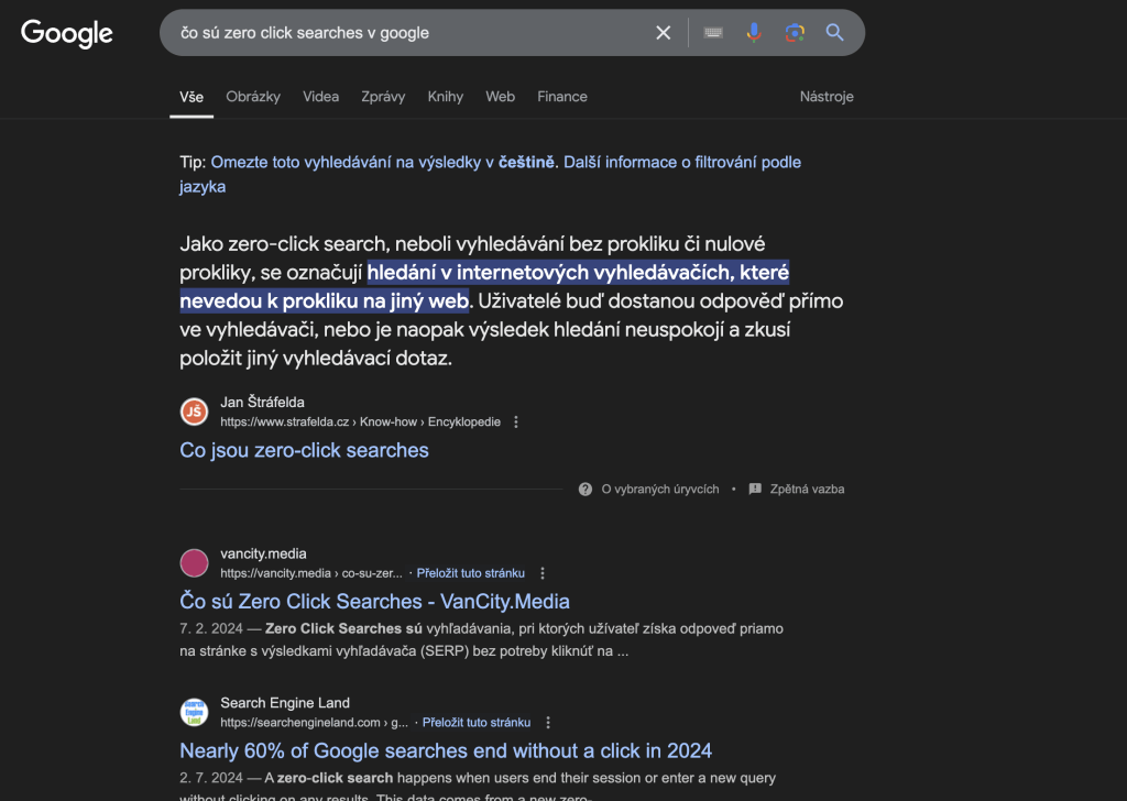 Výsledky vyhľadávania Zero click search