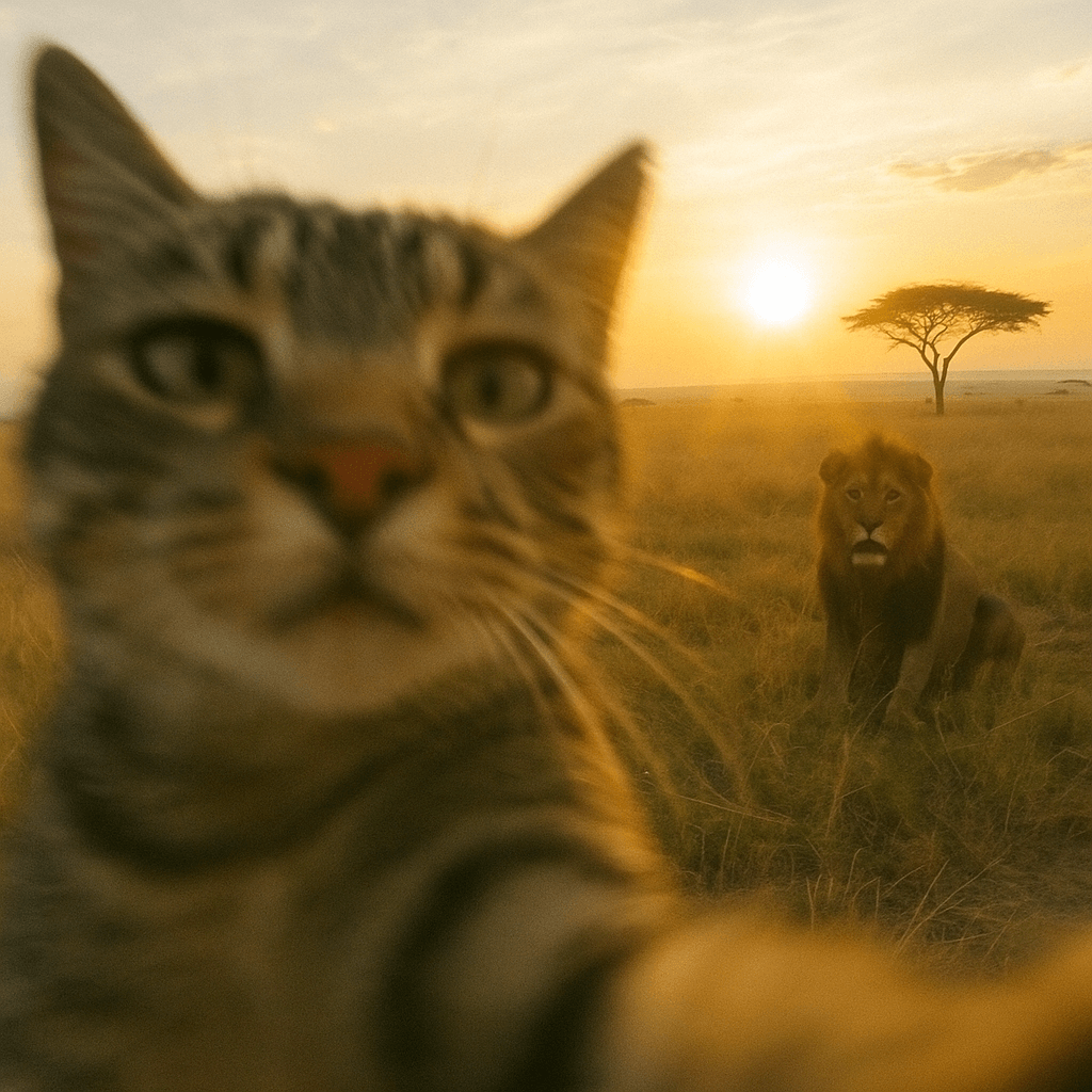 Kočka, která si dělá selfie v Africké savaně