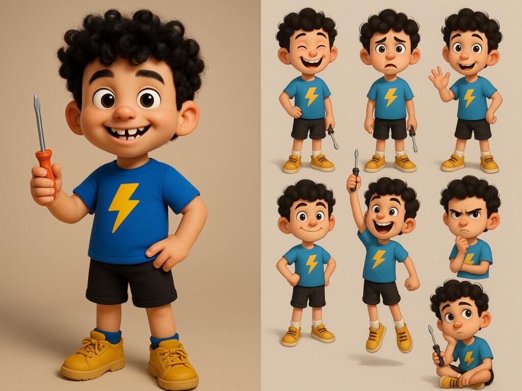 Návrh maskota chlapce, včetně character sheetu