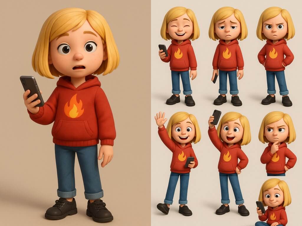 Návrh maskota dívky, včetně character sheetu