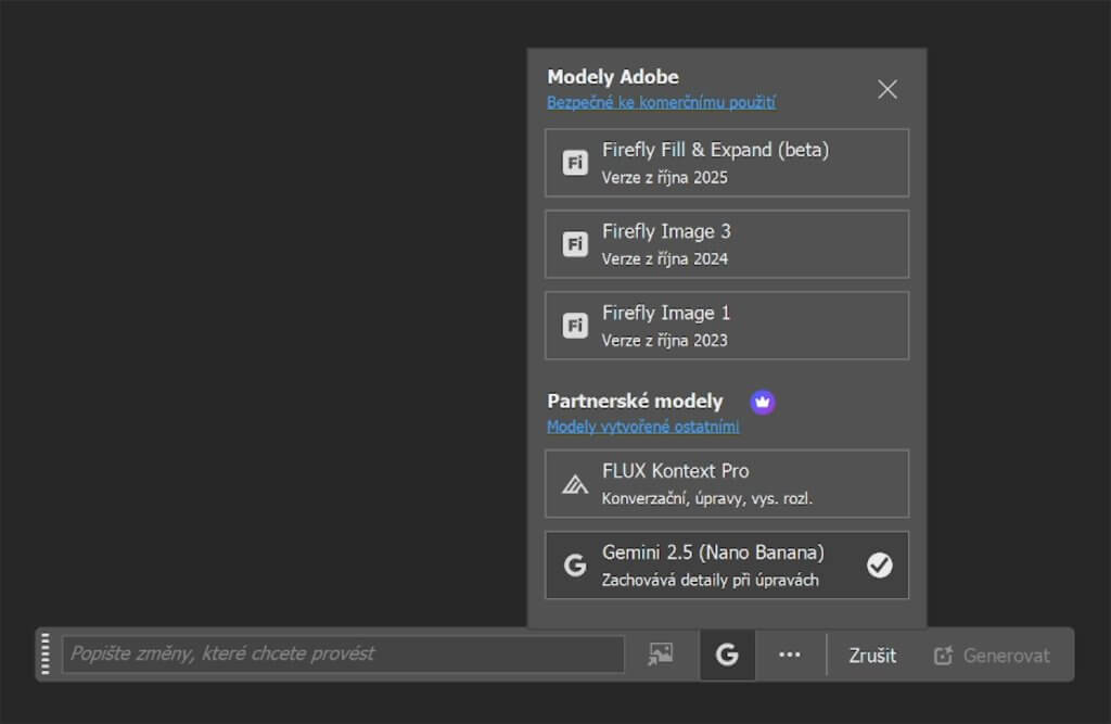 Ukázka výběru partnerských modelů pro Generative Fill